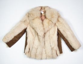WHITE FOX FUR JACKET, with narrow suede side panels and inner sleeve panels, hook fastening single-