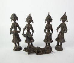 FIVE ETHNOGRAPHIC PATINATED COPPER ALLOY FIGURES playing musical instruments, each approximately 8