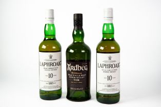 THREE BOTTLES OF 10 YEARS AGED SINGLE MALT SCOTCH WHISKY FROM ISLAY, comprising: ARDBEG and