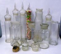 SUITE OF TEN LATE VICTORIAN CLEAR GLASS LARGE SHOP STORAGE/ DISPLAY JARS, including three pairs,