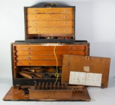 PRE-WAR CARPENTER'S/PATTERN MAKER'S EBONISED WOOD TOOL CHEST AND TOOL, having removable front