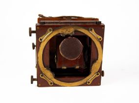 UNBRANDED MAHOGANY AND BRASS HALF PLATE FIELD CAMERA, with Ensign f:8 Symmetrical lens, a/f