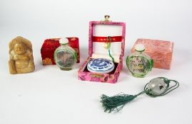 TWO MODERN CHINESE INTERNALLY PAINTED GLASS SNUFF BOTTLES in silk covered boxes, a tiny MODERN