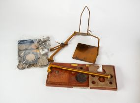 PAIR OF VINTAGE AIRMAIL POSTAL SCALES on a wooden base with seven weights, together with a plastic