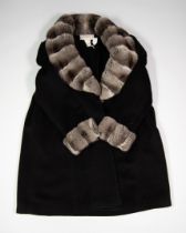 LADY'S MORABITO, FRENCH BLACK FABRIC FULL-LENGTH COAT, with chinchilla long shawl collar and