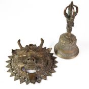 FAR EASTERN CAST BRASS HAND BELL, with fancy handle and ornate cast decoration, 9” (22.9cm) high,