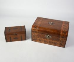 VICTORIAN WALNUT WOOD WORKBOX with broad Tunbridge banded border, the interior with lift-out