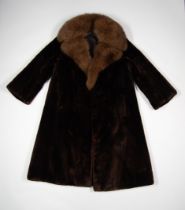 RICH BROWN BEAVER LAMB FULL LENGTH COAT with musquash fur collar