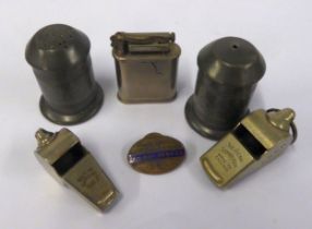 AN ACME THUNDERER LNER RAILWAYMAN'S WHISTLE, AN UNMARKED EXAMPLE, A RAILWAY SERVICE LAPEL BADGE, A