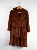 RED / BROWN DYED SQUIRREL FULL LENGTH FUR COAT with revere collar, four button front with loop