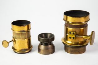 ANTIQUE BRASS LENS: Three unmarked 19th century and later brass lenses; two with rack and pinion