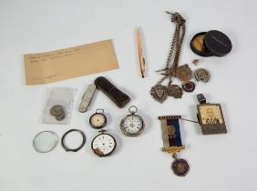 SELECTION OF SMALL ITEMS comprising; two Victorian and later English and Swiss silver cased FOB