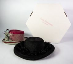 SUZY KRAKOWSKI, MILLINERY, TWO LADY'S HATS, one wine red and drum-shaped with broad white rim with