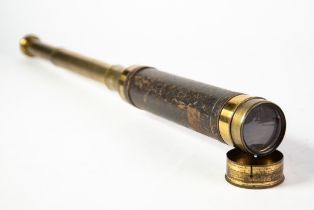 BRASS TELESCOPE: 19th century brass and leather bound three-drawer telescope with brass cap, 10½" (