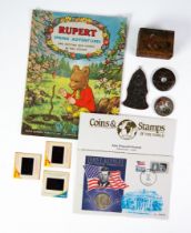 MIXED COLLECTIBLES: including a Dutch souvenir stamp box, Rupert comic no.32 an enamelled 1891