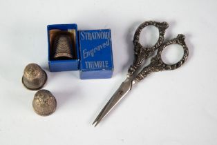 STRATNOID SILVER THIMBLE, boxed; 2 various hallmarked SILVER THIMBLES and a pair of needleworker's