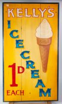 VINTAGE PAINTED WOODEN 'KELLY'S ICE CREAM 1D EACH' DISPLAY SIGN, 31 ½" x 17 ¾" (80cm x 45cm)