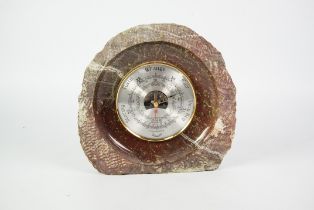 CORNISH SERPANTINE: Daymaster aneroid barometer/thermometer in partially polished serpentine stone