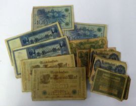 SMALL COLLECTION OF USED GERMAN REICHSBANK NOTES to include four 1000 mark notes 1910 and five one