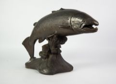 LARGE LIMITED EDITION BRONZED COMPOSITION FIGURE OF A LEAPING COCK SALMON on a wave-form base, 24
