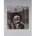 ROGER HAMPSON (1925 - 1996) LINOCUT ON GREY PAPER Bridge in Bolton Signed lower right, titled and