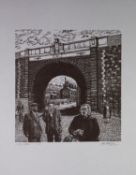 ROGER HAMPSON (1925 - 1996) LINOCUT ON GREY PAPER Bridge in Bolton Signed lower right, titled and