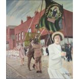 ROGER HAMPSON (1925 - 1996) OIL PAINTING ON CANVAS Walking Day Incident, whit walks with banner