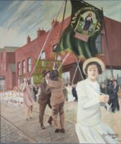 ROGER HAMPSON (1925 - 1996) OIL PAINTING ON CANVAS Walking Day Incident, whit walks with banner