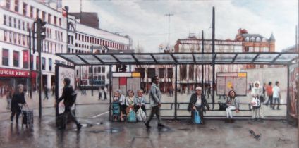 STACEY MANTON (b.1971) OIL PAINTING ON BOARD Piccadilly Gardens, Manchester Signed 'Stacey' and