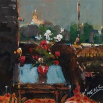 MCNEILL (TWENTIETH/ TWENTY FIRST CENTURY) OIL PAINTING ‘Flowers on Blue Table’ Signed, titled
