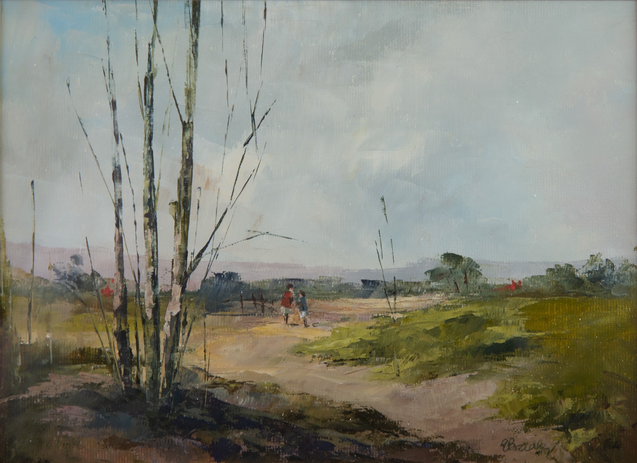 ELIZABETH P. BRADLEY (19th century) OIL ON ARTIST’S BOARD ‘Top of the Hill’ of figures and birch - Image 2 of 3