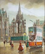 STEVEN SCHOLES OIL PAINTING Albert Square Manchester, with trams and figures Signed lower right 15