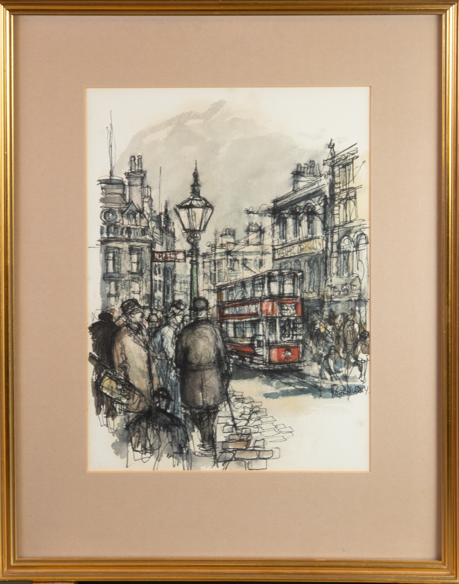 ROGER MURRAY (TWENTIETH CENTURY) PEN AND WASH London Street scene with figures and red bus Signed 12 - Image 2 of 2