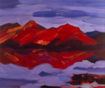 LIAM SPENCER (b.1964) OIL ON BOARD ‘Red Mountain Sunset’ of a fauvist mountain rage painted red in