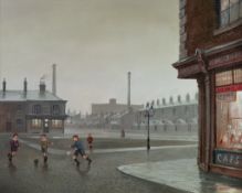 STEVEN SCHOLES (1952) OIL PAINTING Bygone Street scene with boys playing football Signed 15 ½” x
