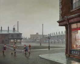 STEVEN SCHOLES (1952) OIL PAINTING Bygone Street scene with boys playing football Signed 15 ½” x