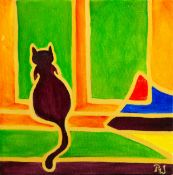 PATRICIA WARRINGTON (Contemporary) OIL PAINTING ON CANVAS 'Cat on Windowsill' Signed with initials