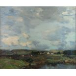 JOHN CAMPBELL MITCHELL ARSA (1861-1922) OIL ON CANVAS ‘Moorland Farm’ with a pool to the