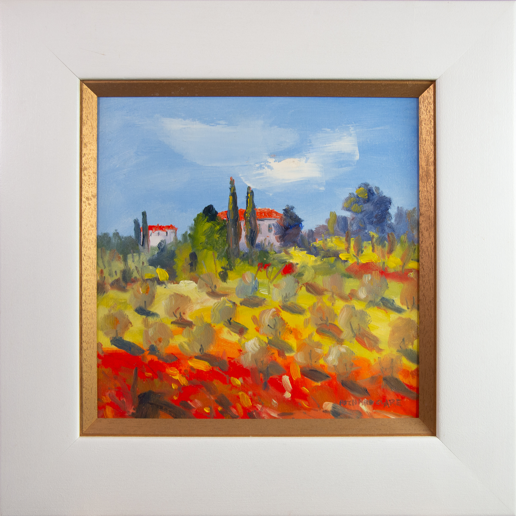 RICHARD CLARE (b.1964) OIL ON BOARD ‘Poppies and Olive Trees near Sienna’ 12” sq. (30.5 cm sq.) - Image 2 of 2