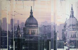 KRIS HARDY (1978) MIXED MEDIA ON CANVAS ‘St. Pauls at Dusk II’ Signed, titled to label verso 36” x