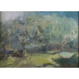 PATTY MARTIN (TWENTIETH CENTURY) OIL ON BOARD ‘Summer Apple Trees’ Signed, titled to label verso 17”