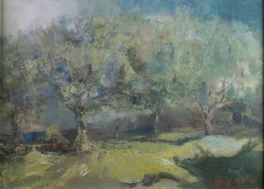 PATTY MARTIN (TWENTIETH CENTURY) OIL ON BOARD ‘Summer Apple Trees’ Signed, titled to label verso 17”