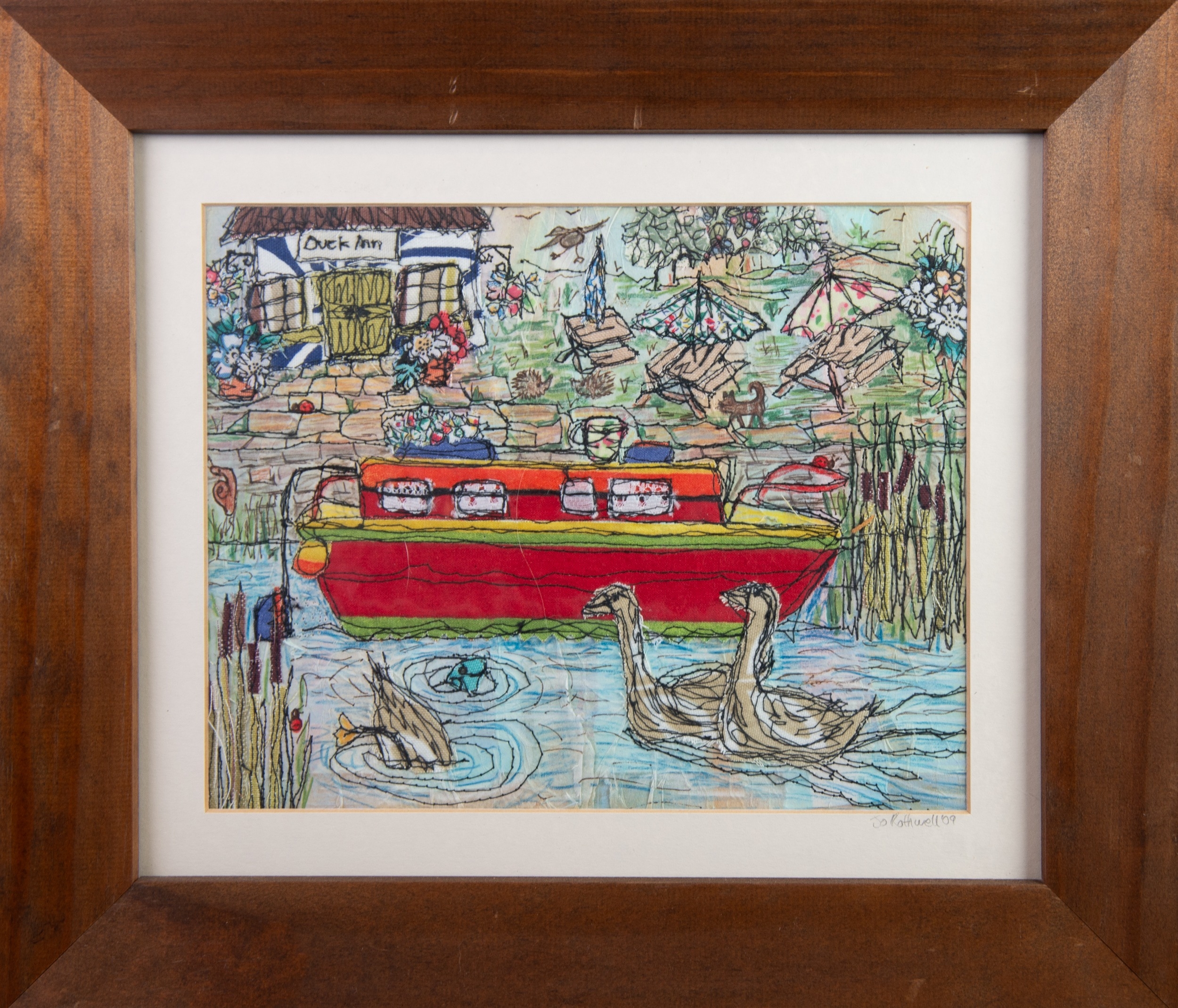 JO ROTHWELL (Contemporary) TEXTILE STITCH and WATERCOLOUR 'Duck Inn' Signed & dated (20)09 on the - Image 2 of 2