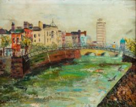 DOLORES? (TWENTIETH/ TWENTY FIRST CENTURY) MIXED MEDIA ON BOARD Half Penny Bridge, Dublin Signed