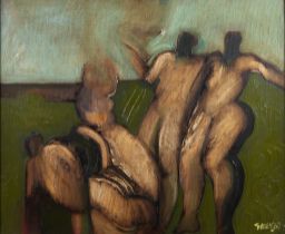 GEOFFREY KEY (1941) OIL ON CANVAS ‘Nab Figures’ Signed and dated (19)67, titled to label verso 19 ¾”