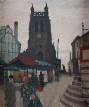 HARRY RUTHERFORD (1903-1985) OIL ON BOARD ‘Stockport, Steps and Church’ Signed, titled to Tib Lane