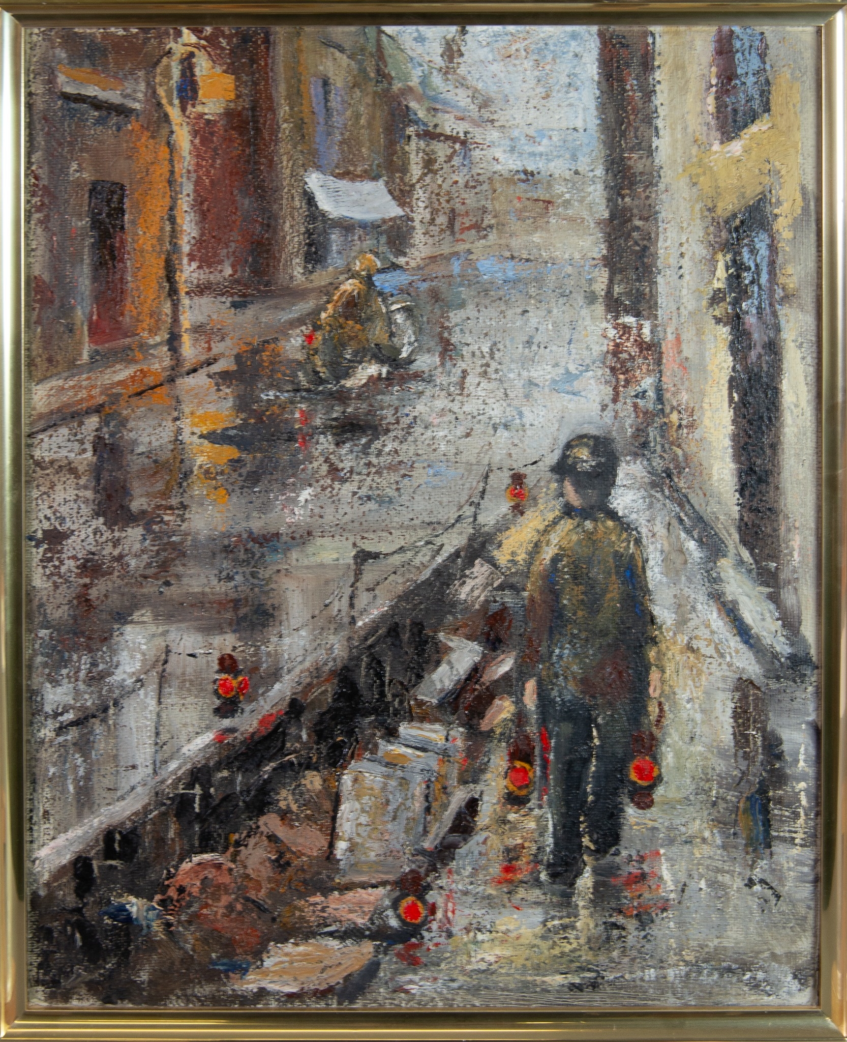 E.W. FINLEY {Ted Finley} (1907-1979) OIL ON BOARD ‘Street Up’ of a workman putting out lamps for - Image 2 of 2