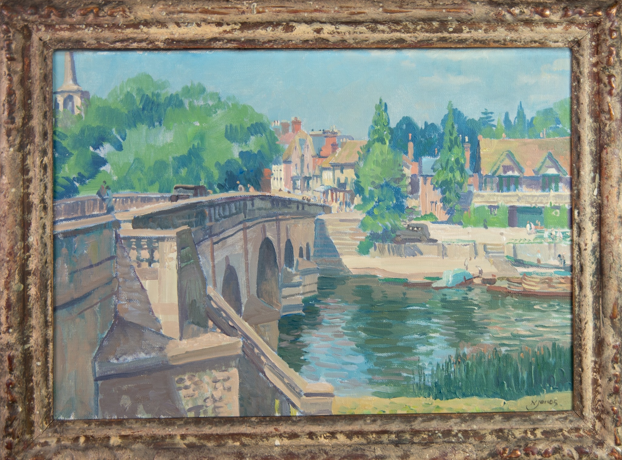 NORMAN THOMAS JANES RWS RE RSMA (1892-1980) OIL ON CANVAS 'Henley Bridge’, signed lower right, - Image 2 of 2