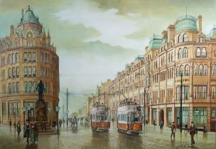 STEVEN SCHOLES (1952) OIL PAINTING Bygone Street scene with trams, Deansgate Manchester with the