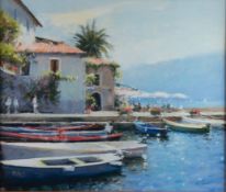 BOB RICHARDSON (1938) PASTEL Mediterranean Harbour scene with small boats and restaurant Signed